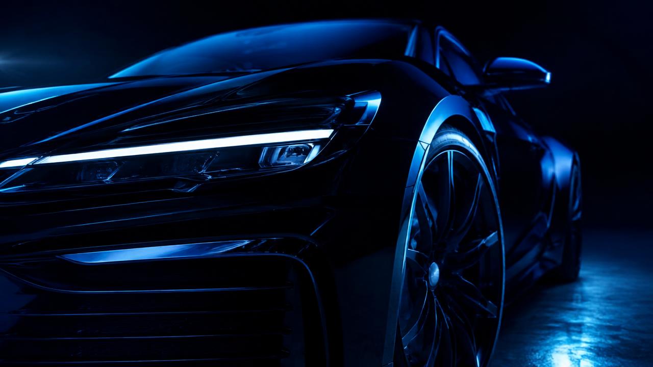 Futuristic sports car in a dark studio, electric blue rim light, slow orbit
